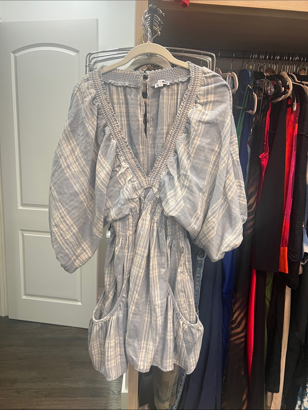 Fashion Nova Light Gray Plaid Puff-Sleeve Mini Dress